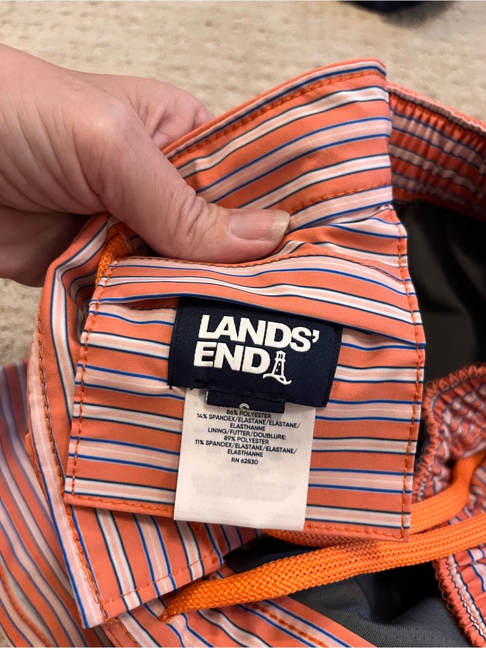 Lands' End Men's Orange Multi-Stripe Swim/Active Shorts with hidden pockets